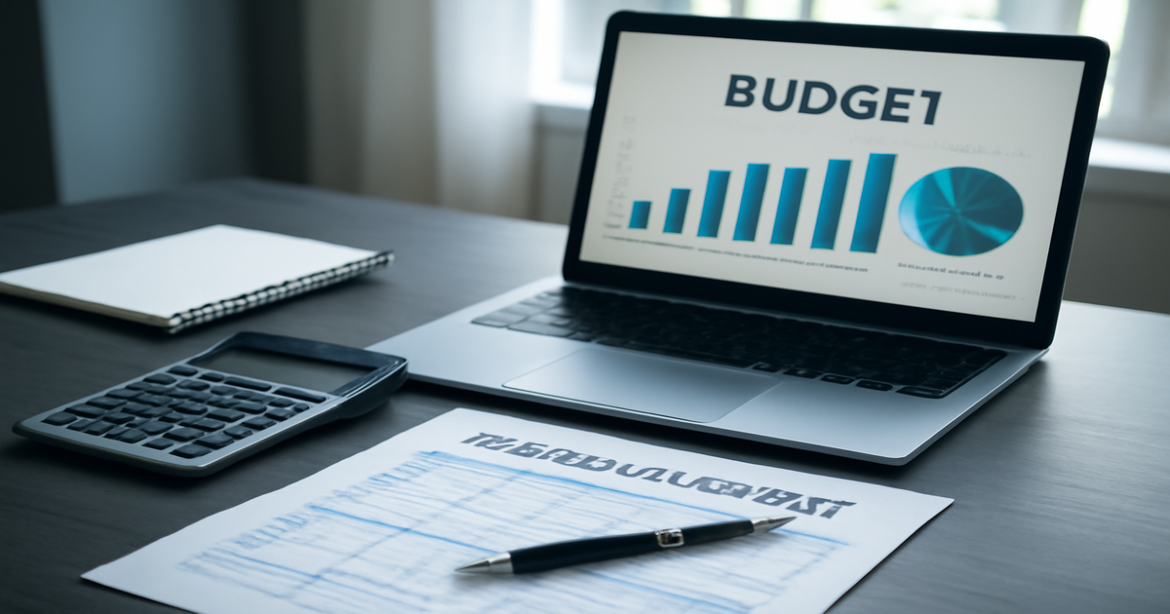 A professional workspace illustrating financial planning for families with budgeting documents and tools.