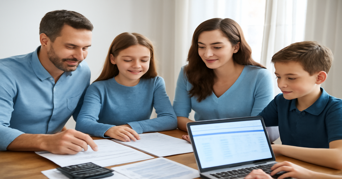 A family engaged in финансовое планирование around a table with financial documents and a laptop.