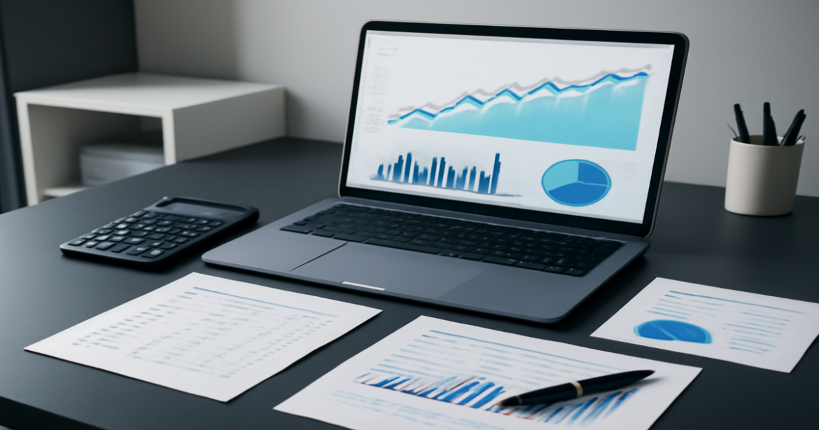Image depicting financial planning with a laptop, graphs, and documents for effective budget management.