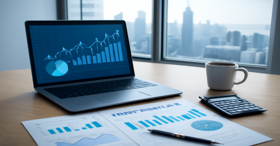 An image depicting financial planning семьи with graphs and documents in a professional workspace.