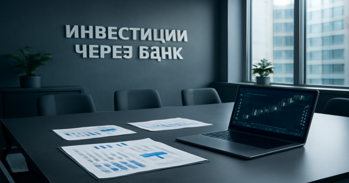 Image depicting 'инвестиции через банк' with financial tools in a modern office setting.
