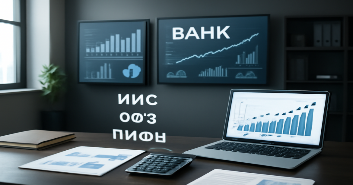 Investments through bank: a modern office scene highlighting ИИС, ОФЗ, and mutual funds for capital growth.