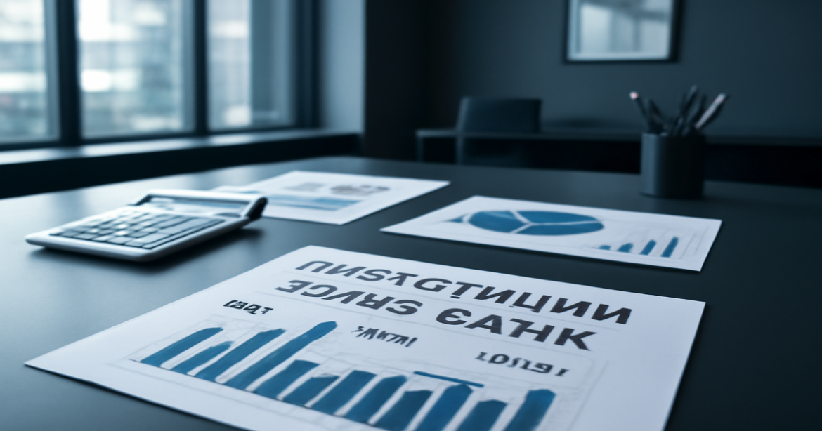 Professional image representing инвестиции через банк with finance tools and a modern bank office setting.