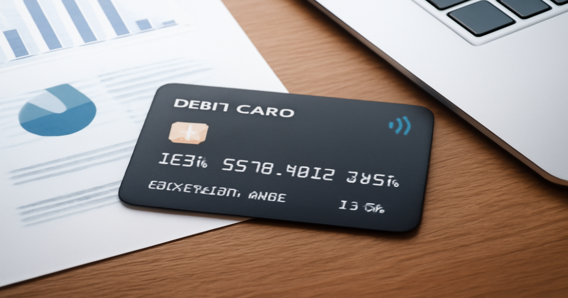 A modern debit card on a desk, representing how to открыть дебетовую карту.