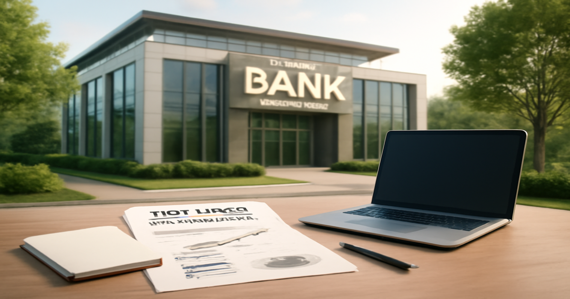 Professional image illustrating выбор банка для ипотеки with a modern bank setting and financial documents.