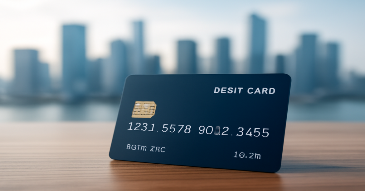 A modern debit card on a desk, symbolizing banking and finance for salary in 2026.