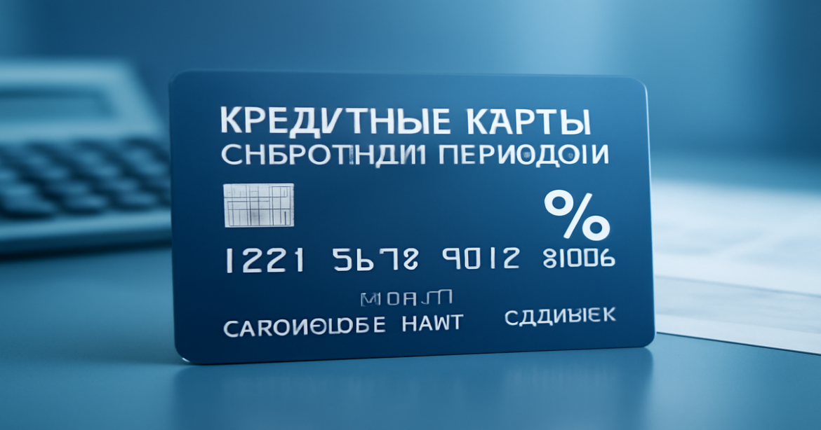 Explore кредитные карты с льготным периодом in a professional finance-themed image.