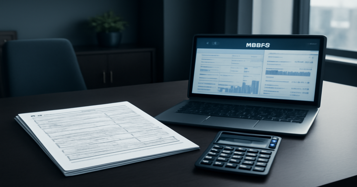 Image illustrating 'Налоговый вычет: как получить через банк' with financial documents and a calculator in a bank office.