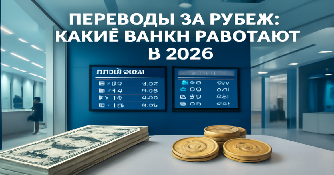 A modern bank interior illustrating 'Переводы за рубеж: какие банки работают в 2026' with finance symbols and digital screens.