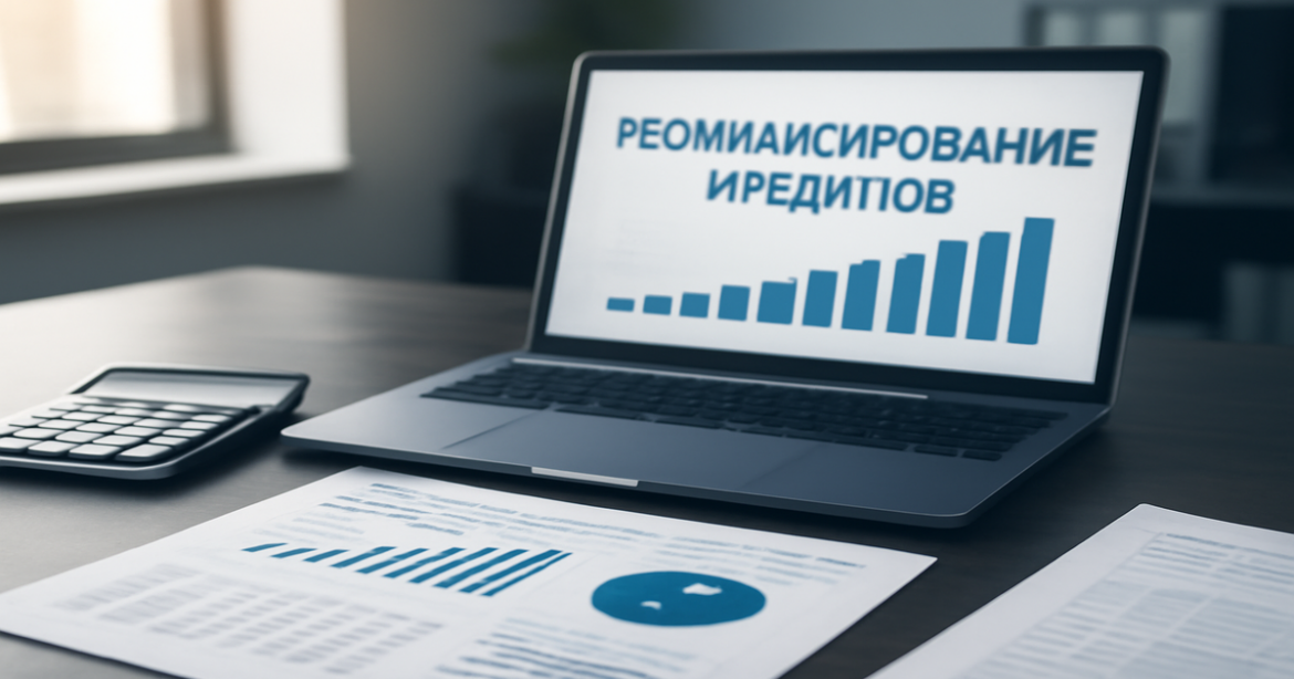 Image illustrating рефинансирование кредитов in a modern office setting with finance documents and a laptop.