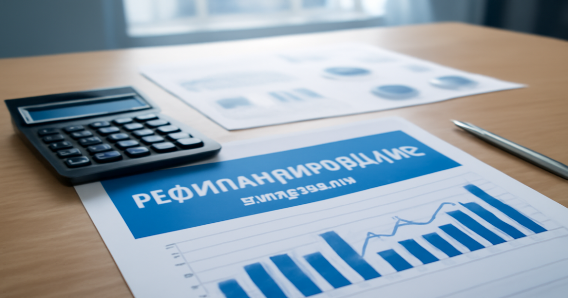 Image depicting рефинансирование кредитов in a professional office setting with financial documents and a calculator.