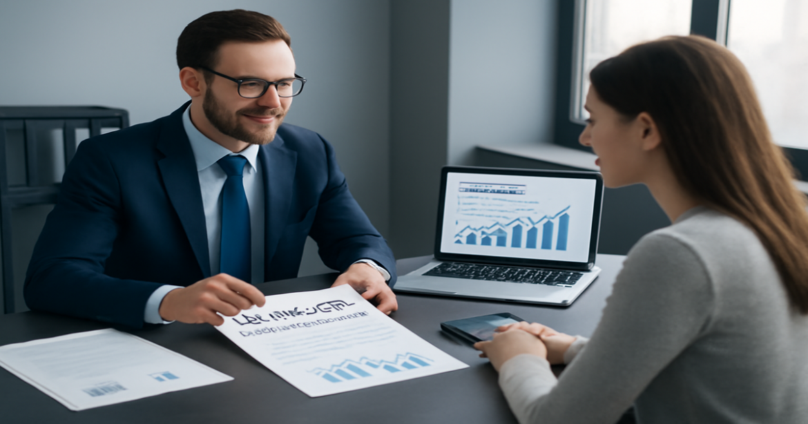 Image depicting professional financial advice on рефинансирование кредитов in a modern office setting.