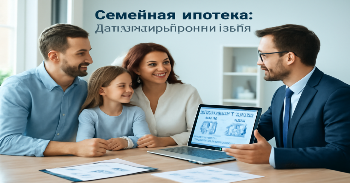 Family discussing Семейная ипотека: условия программы 2026 in a modern office setting.