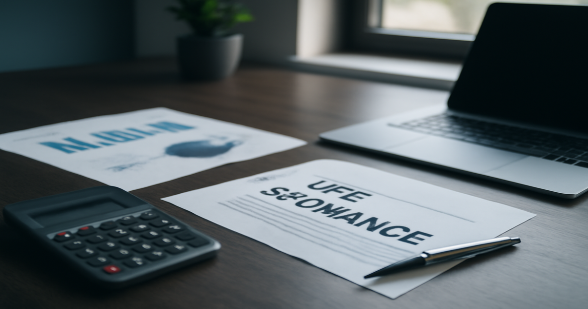 Image of life insurance documents and financial tools in a professional office setting.