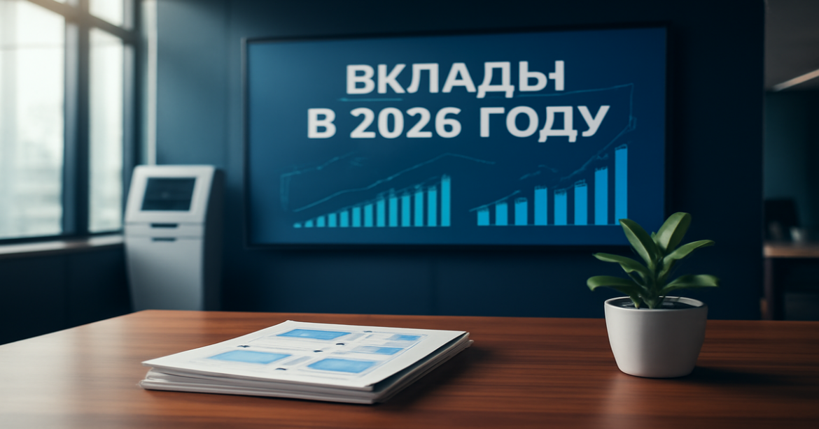 Professional banking office illustration highlighting вклады в 2026 году as a key financial tool.