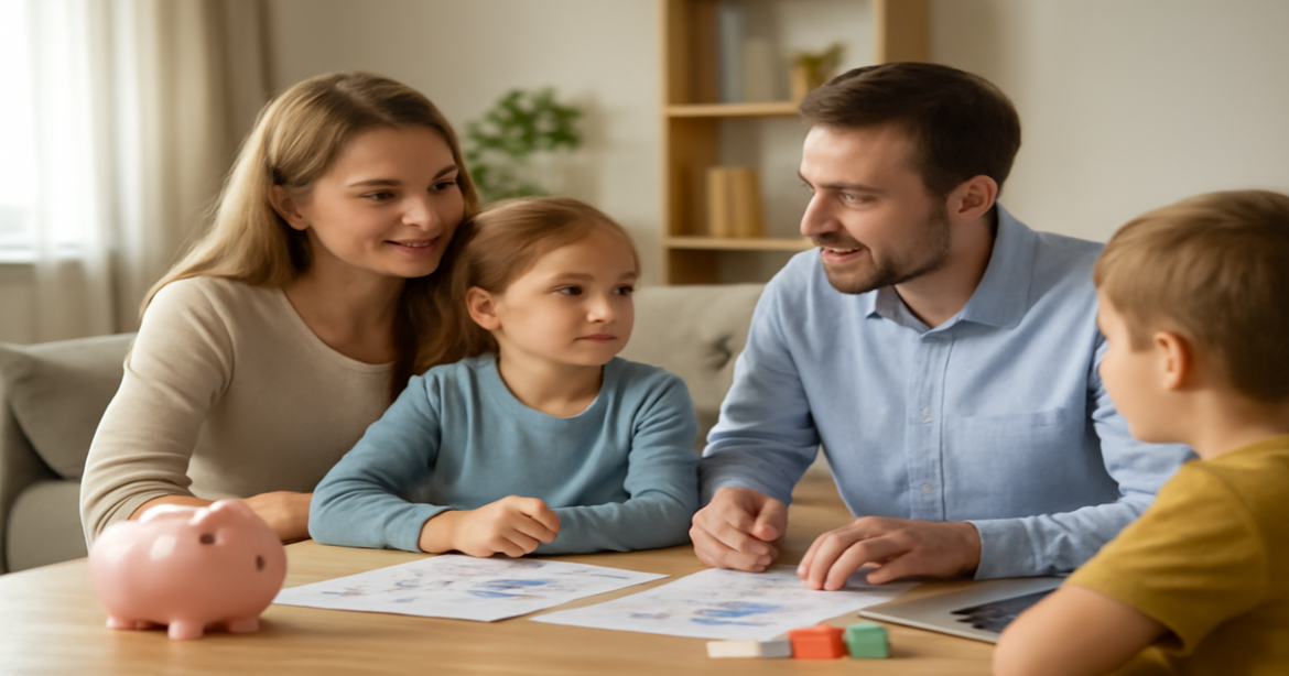 A family discussing детские банковские продукты at a table with financial documents and a laptop.