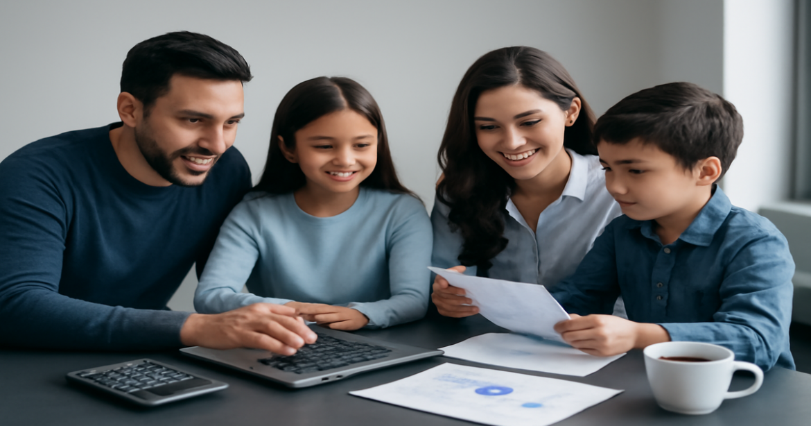 A family engaged in financial planning for families, highlighting budgeting and stability.