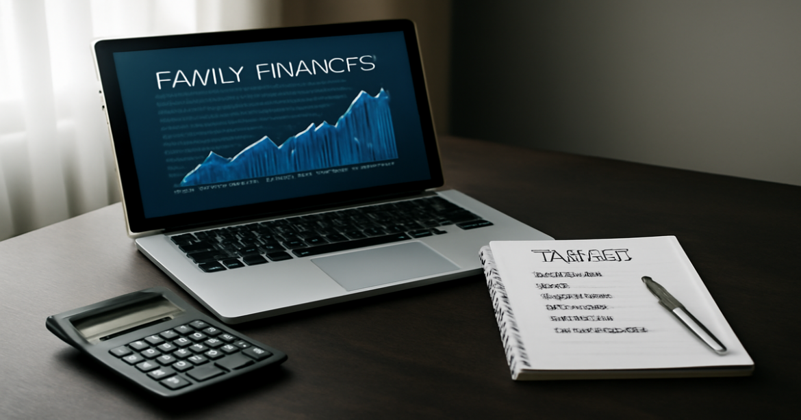 Financialное планирование для семей: organized workspace with budgeting tools and finance charts.
