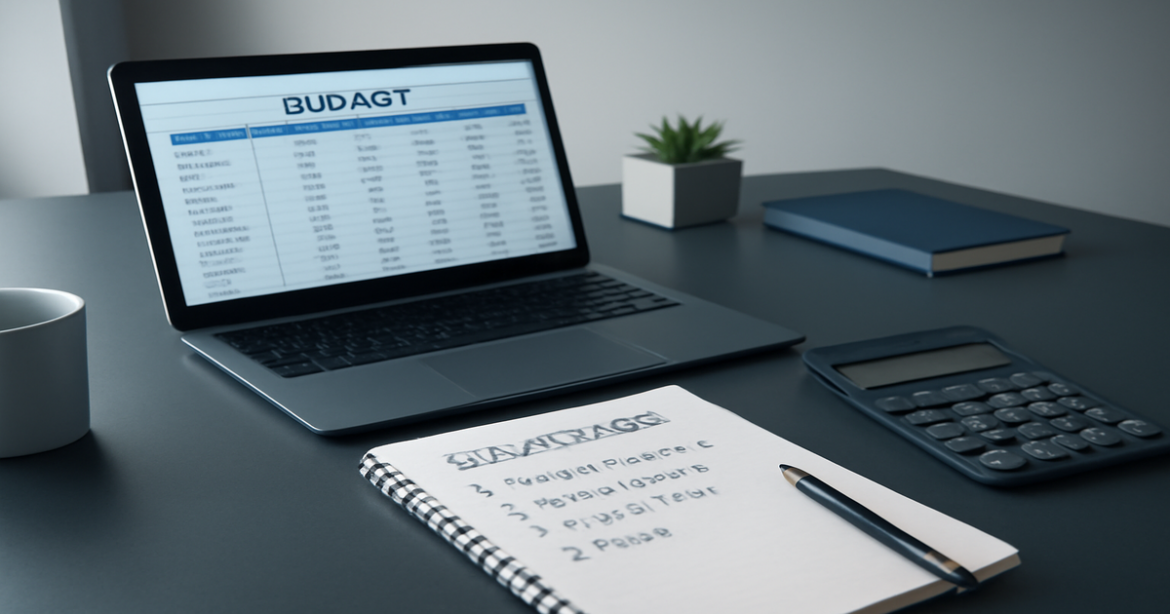 A professional workspace showcasing financial planning tools and a budget spreadsheet.