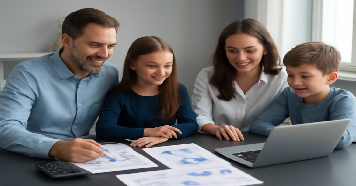 A family engaged in financial planning, focusing on budgeting and money management.