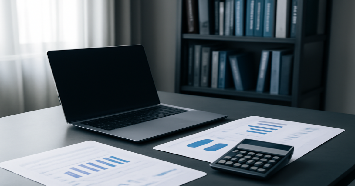 A professional workspace illustrating financial planning with documents and a laptop.