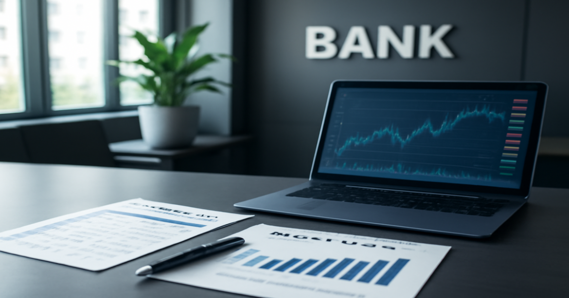 Investирование через банки: modern office with finance tools and business reports.