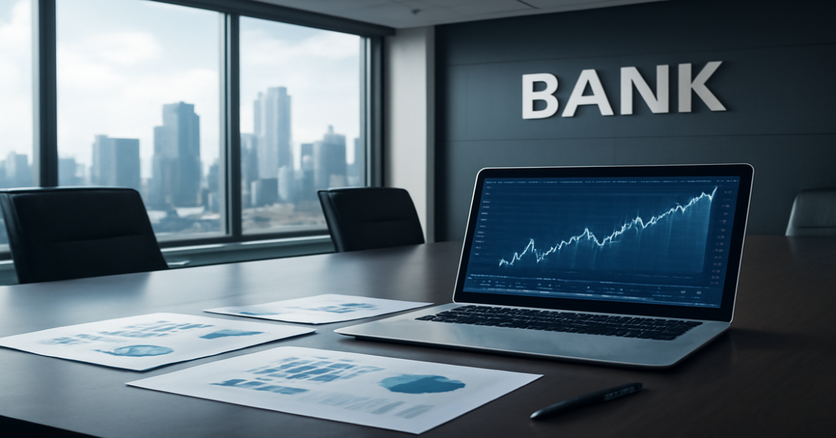 A professional banking image illustrating инвестиции через банк with financial documents and a city skyline.