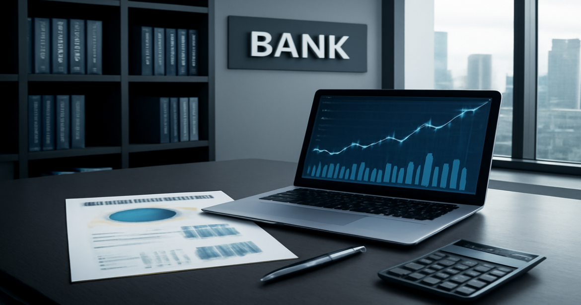 Investments through bank depicted in a professional office setting with financial tools.