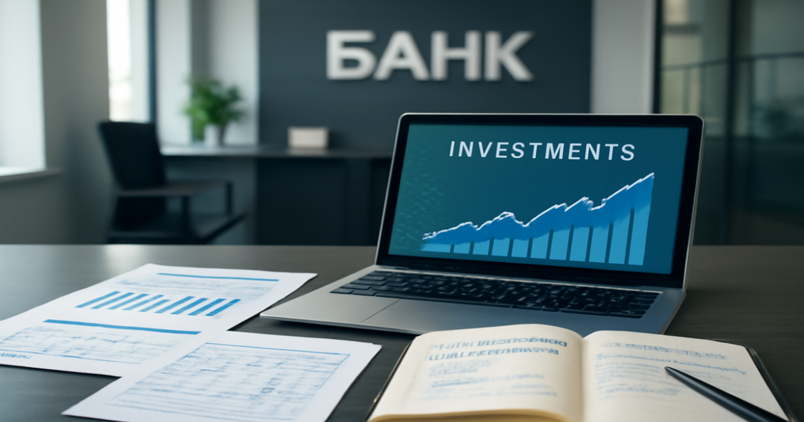 Image depicting инвестиции через банк with financial documents and graphs in a professional bank office.