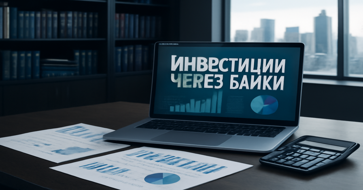 Professional office scene illustrating инвестиции через банки with finance documents and a city view.