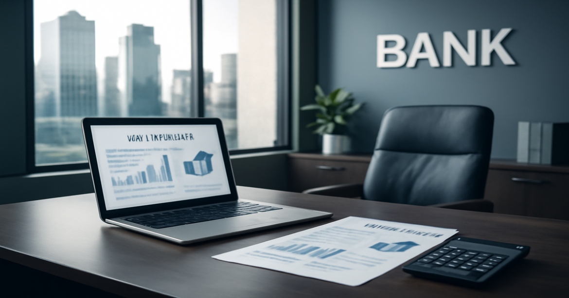 Image illustrating ипотека выбор банка with a modern bank office setup, reflecting finance and professionalism.