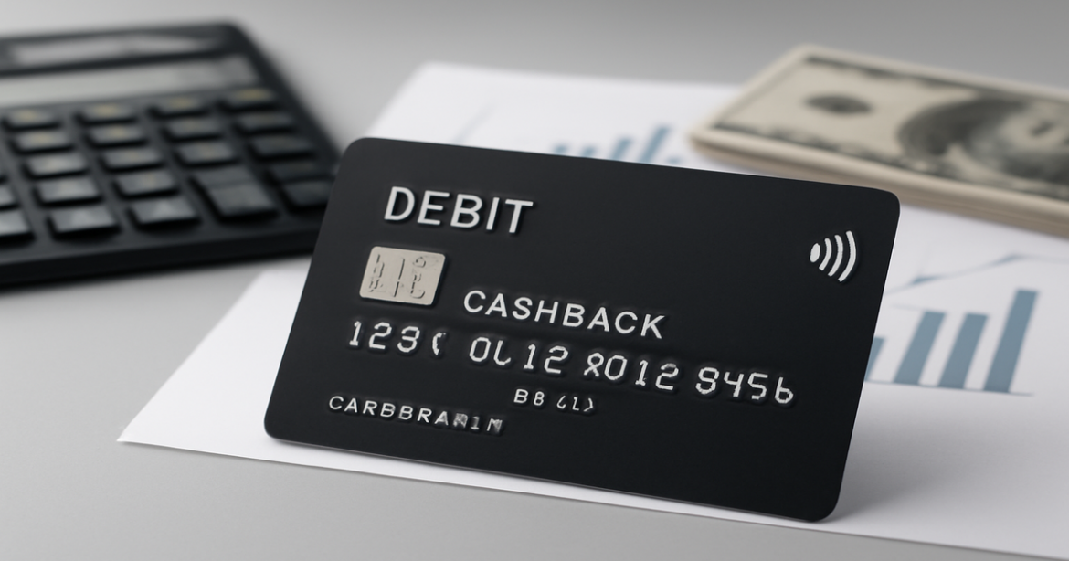 Image of a debit card with cashback features, symbolizing banking and finance.