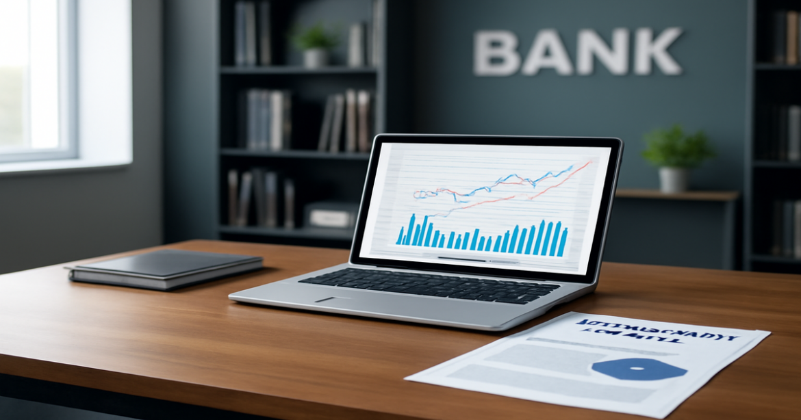 Professional image illustrating ипотечный кредит with financial documents and a modern bank office setting.