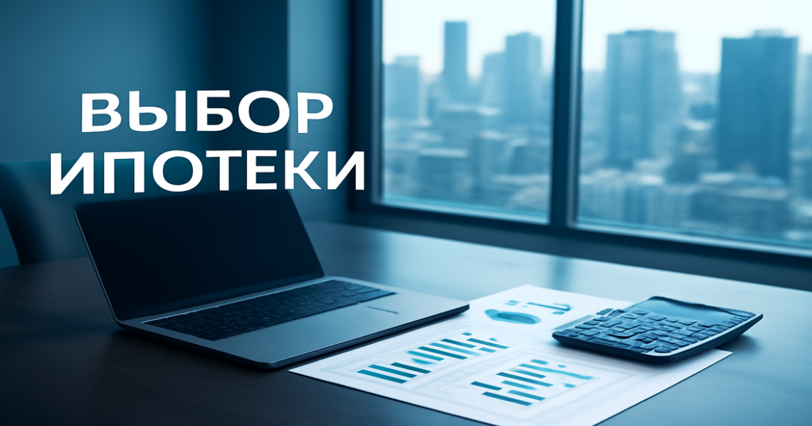 A professional setting illustrating выбор ипотеки with financial tools and a cityscape backdrop.