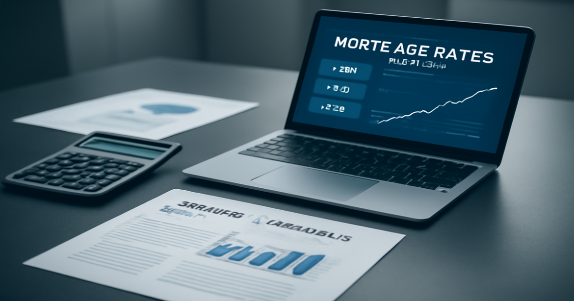 An office setup illustrating выбор ипотеки with financial documents and tools for mortgage decisions.