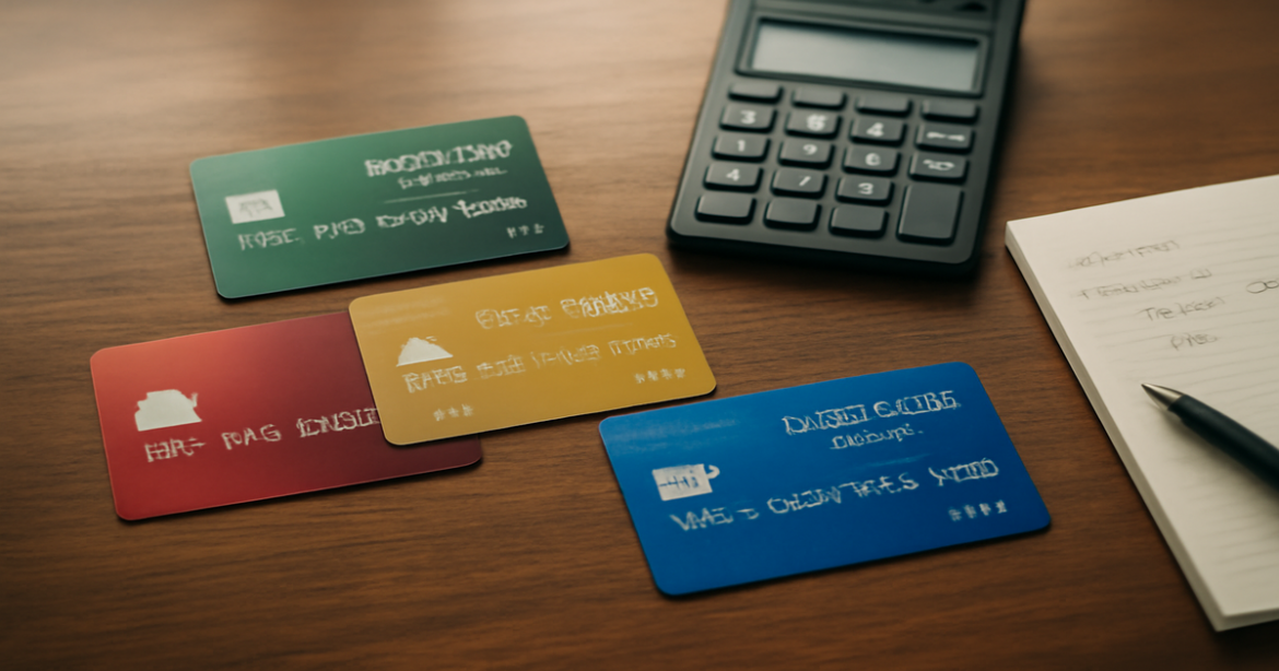 A professional flat lay of debit cards with cashback, showcasing smart financial choices.