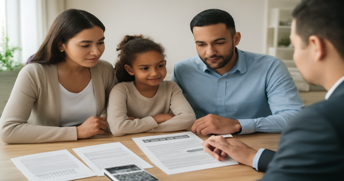 A family discussing страхование жизни options in a modern office, emphasizing financial planning.