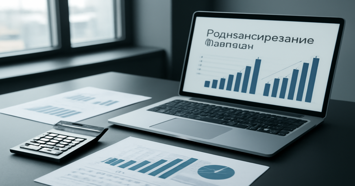 An image illustrating рефинансирование кредитов with finance elements in a modern office setting.
