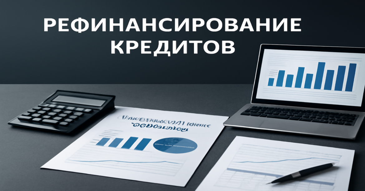 Image depicting рефинансирование кредитов with financial documents and a calculator on a professional desk.