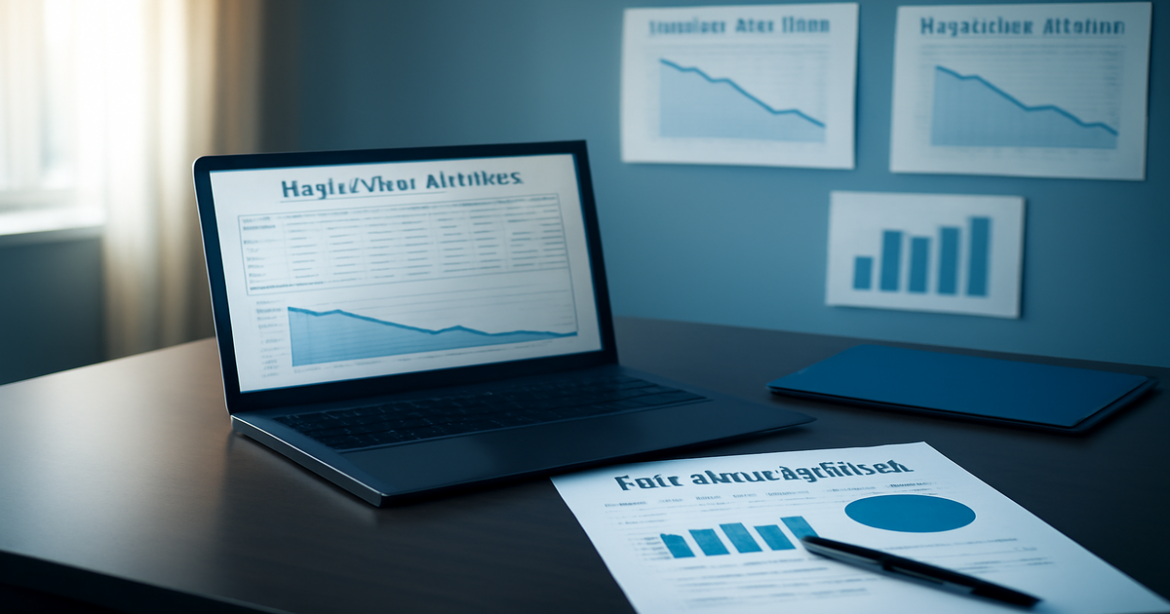 A professional office scene illustrating рефинансирование with financial tools and charts for mortgage savings.