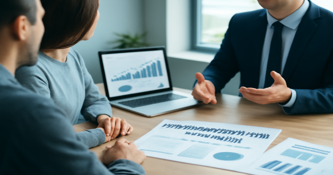 Professional image illustrating рефинансирование кредитов in a modern financial advisor's office setting.