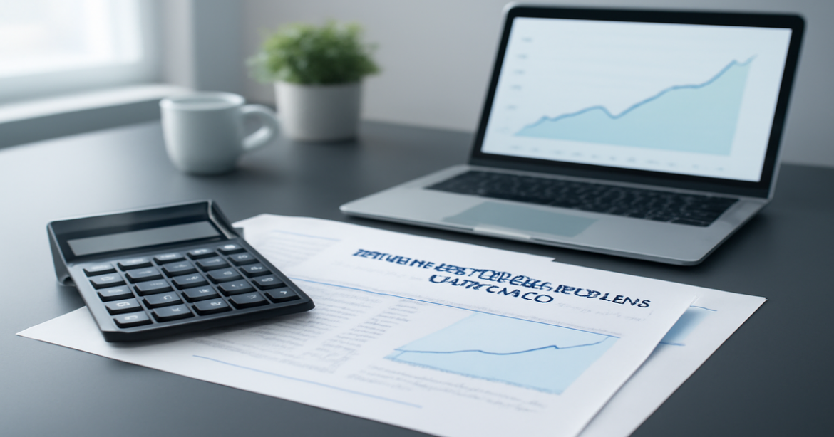 Professional workspace with financial documents and a laptop about рефинансирование кредитов.