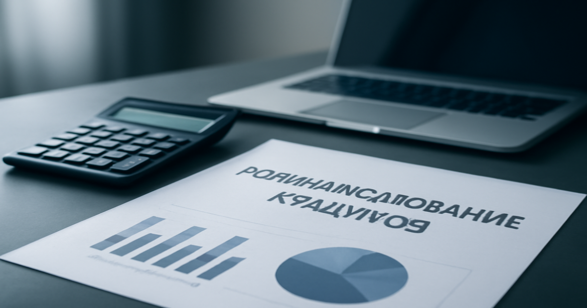 Professional image illustrating рефинансирование кредитов with financial tools and documents.