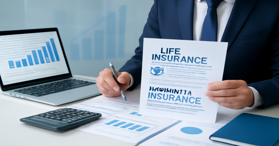 Image illustrating страхование жизни и имущества with financial documents and analysis tools.