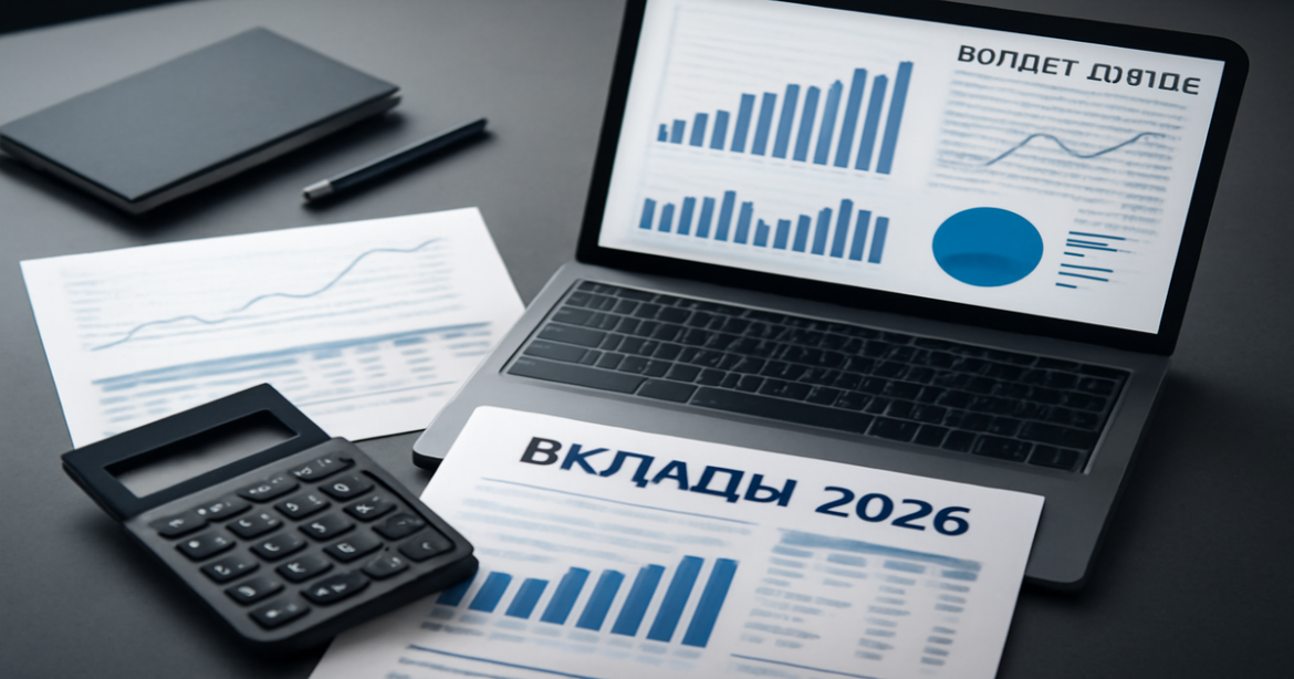 A professional setup for financial planning focusing on вклады 2026 with documents and graphs.