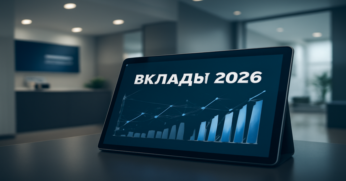 Professional banking image illustrating вклады 2026 with financial charts and a modern bank interior.