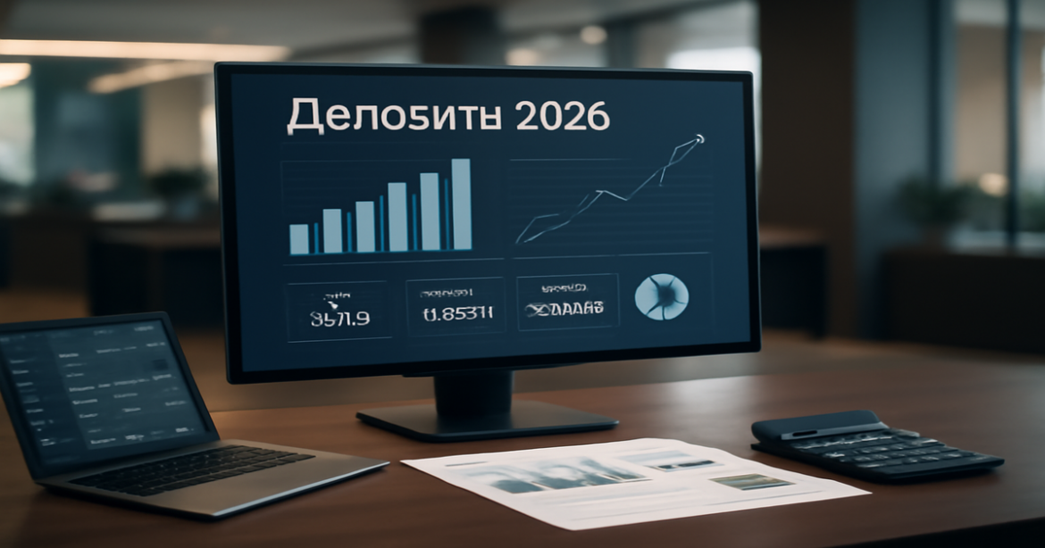 A modern banking scene illustrating депозиты 2026 with finance documents and a digital interface.