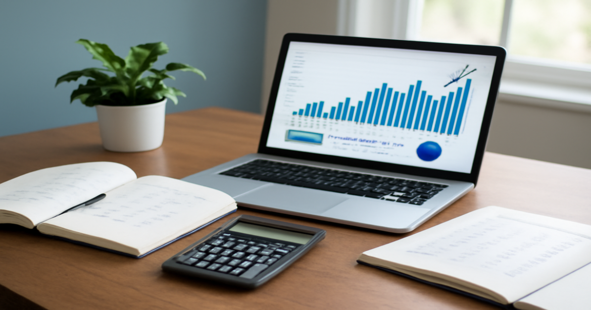 Professional workspace depicting финансовое планирование with financial tools and graphs.