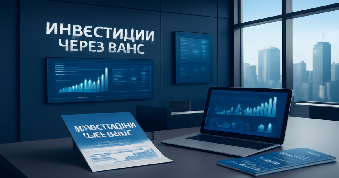 Professional image illustrating инвестиции через банк with financial documents and modern banking elements.