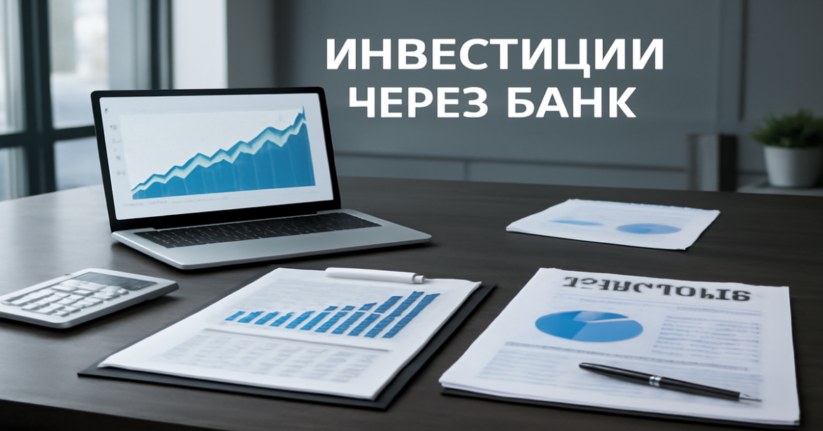 Professional bank office scene illustrating инвестиции через банк with financial documents and graphs.